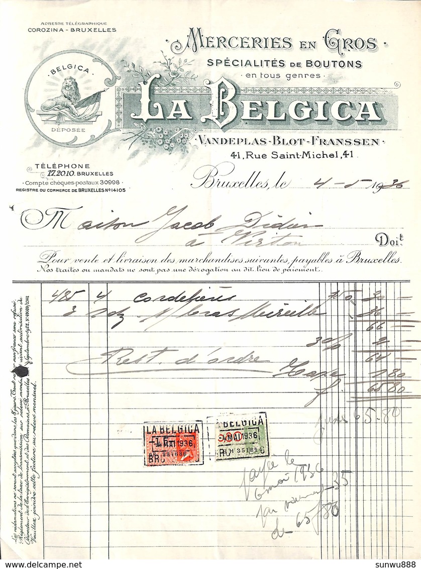 Bruxelles - Merceries En Gros, Spécialité De Boutons - La Belgica, Illustrée, 1936, Timbres - 1900 – 1949