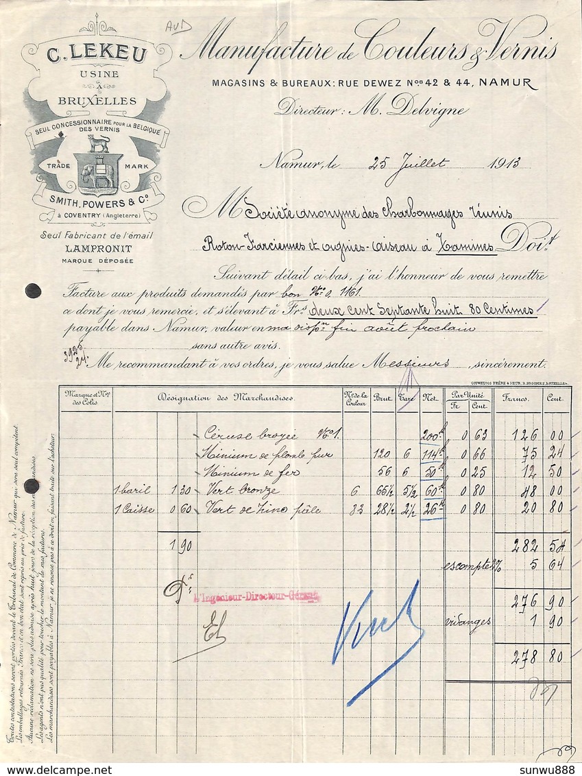 Namur - Manufacture De Couleurs, Vernis - C. Lekeu Pour Charbonnages De Tamines, Illustrée, 1913 - 1900 – 1949