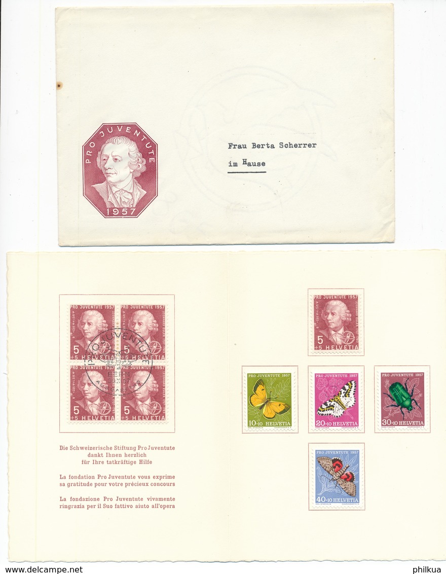 1957 Pro Juventute Dankeskärtli Mit Umschlag, Limitierte Auflage Vom Zentralsekretariat J168-J172 / 648-652 - Lettres & Documents