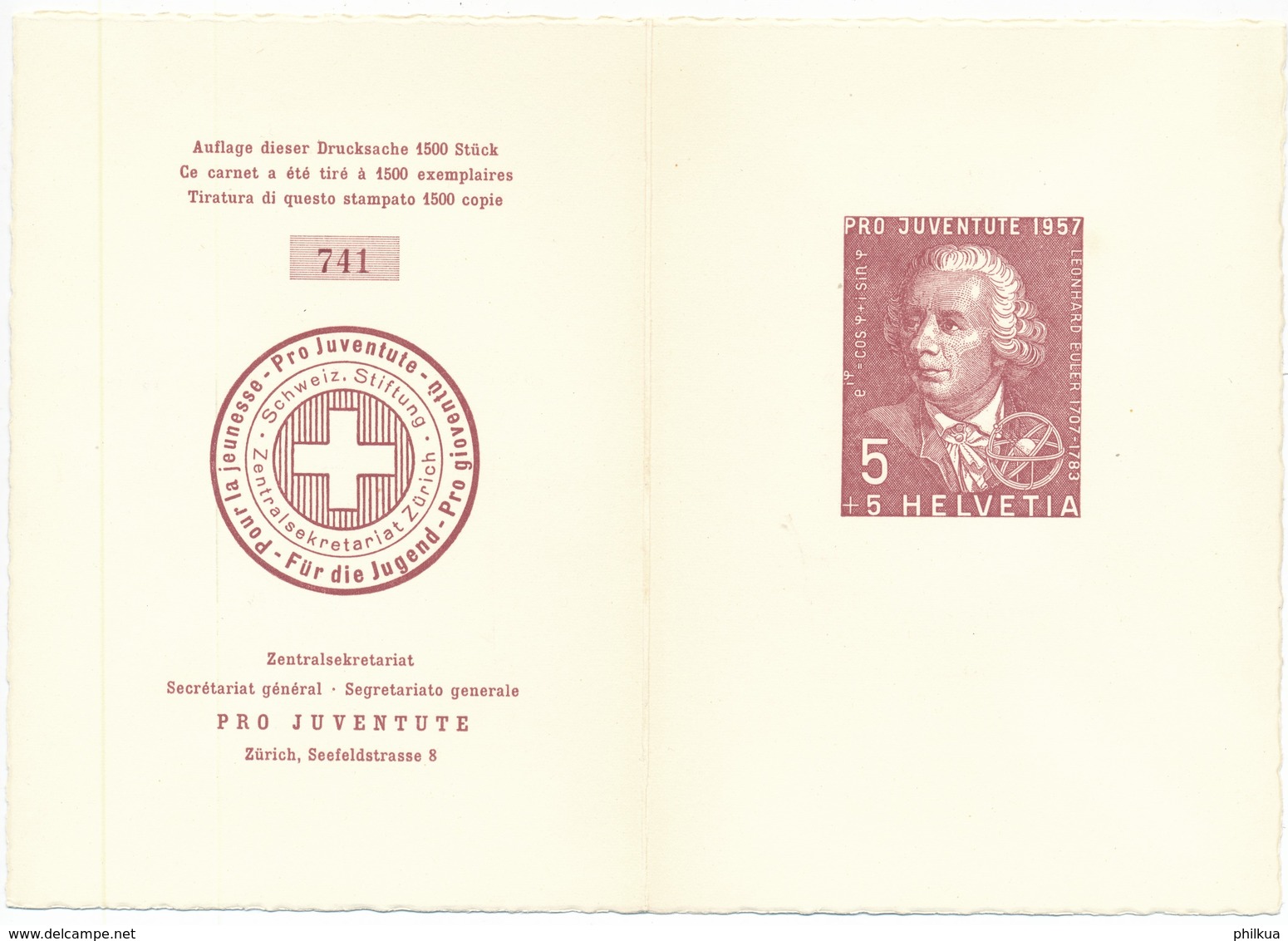 1957 Pro Juventute Dankeskärtli Mit Umschlag, Limitierte Auflage Vom Zentralsekretariat J168-J172 / 648-652 - Lettres & Documents