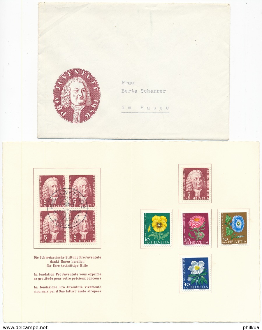 1958 Pro Juventute Dankeskärtli Mit Umschlag, Limitierte Auflage Vom Zentralsekretariat J173-J177 / 663-667 - Lettres & Documents