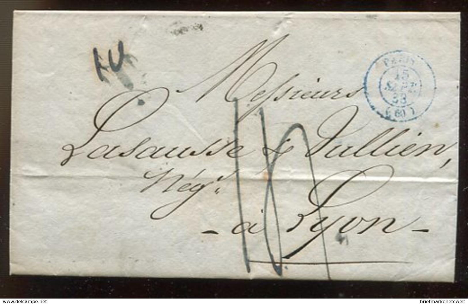 Frankreich / 1838 / Vorphila-Bf. Blauer K2-Stempel PARIS Nach Lyon (14231) - 1801-1848: Vorläufer XIX