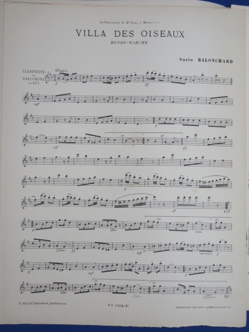 CAF CONC PIANO GF PARTITION XIX VIOLON CLARINETTE SAXO VILLA DES OISEAUX BALONCHARD 80500 MONTDIDIER ST MAUR 1897 - Other & Unclassified