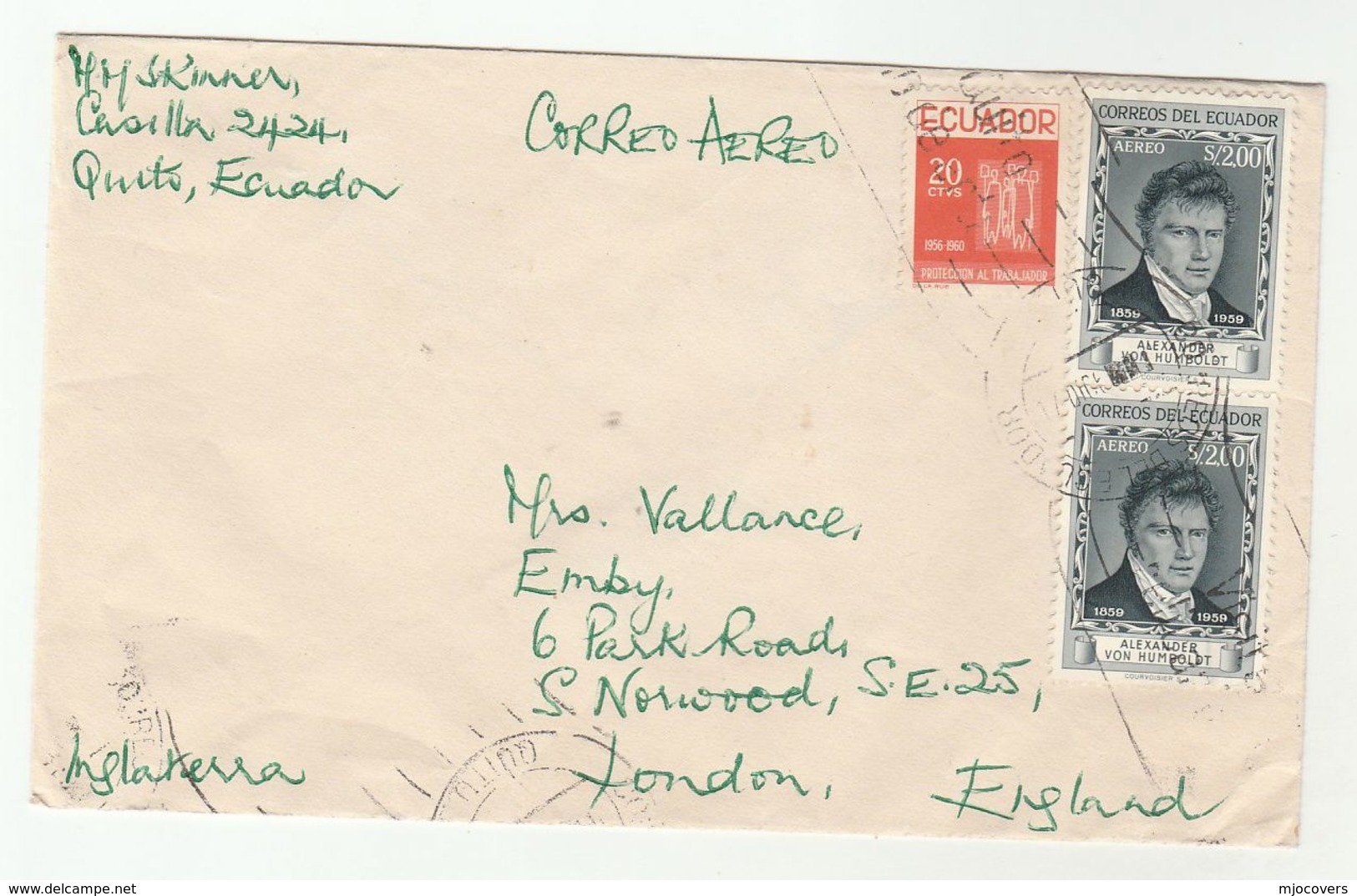 Air Mail ECUADOR COVER Stamps Alexander Von Humboldt , Worker Protection To GB - Equateur