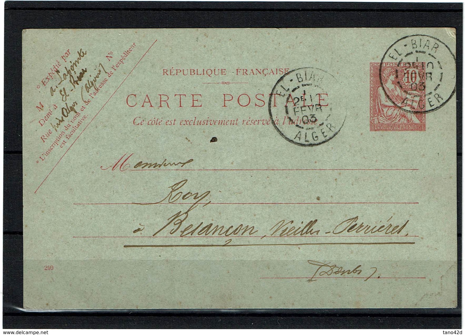 EP - MOUCHON RETOUCHE 10c DATE 240 CIRCULE EL-BIAR (ALGER) / BESANCON 10/2/1903 - Cartes Postales Types Et TSC (avant 1995)