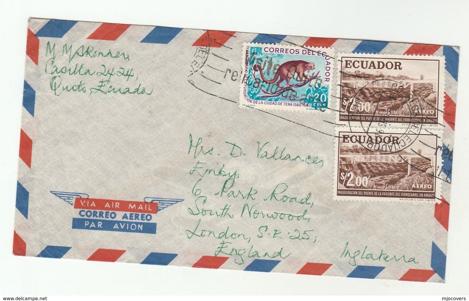 Air Mail ECUADOR COVER Stamps KINKAJOU , BRIDGE  To GB - Ecuador