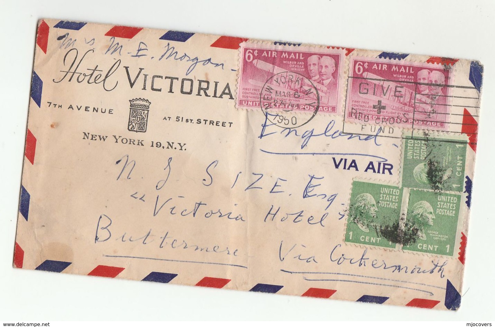 1950 HOTEL VICTORIA NY USA Airmail Stamps  COVER - Covers & Documents