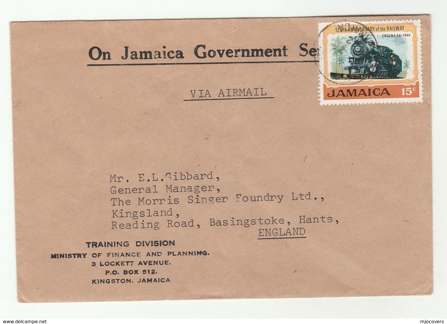 1972 JAMAICA GOVERNMENT COVER Ministry Of FINANCE TRAINING  To GB  Railway Steam Train Stamp - Jamaica (1962-...)