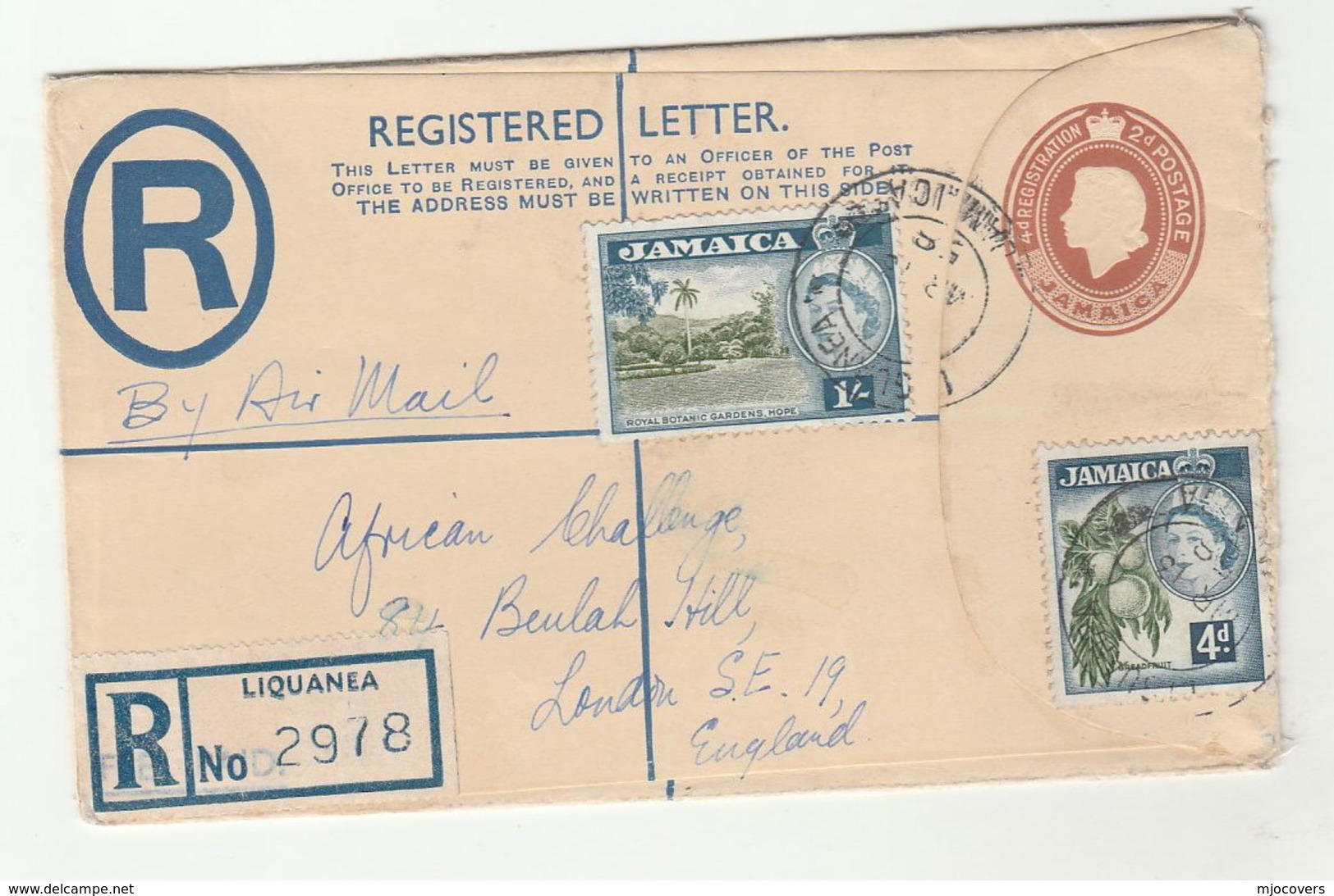 1958 REGISTERED POSTAL STATIONERY Liquanea JAMAICA To GB Uprated 1/-  4d Stamps  On 2d COVER - Jamaica (1962-...)