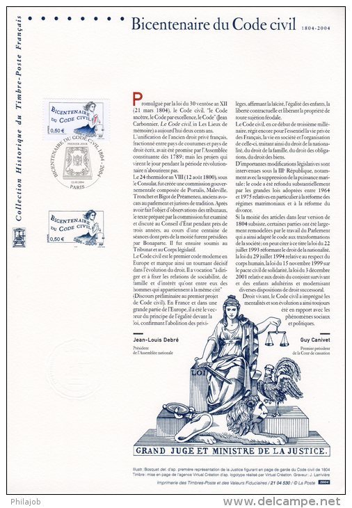 " 200 ANS DU CODE CIVIL / NAPOLEON " Sur Document Philatélique Officiel De 2004 N° YT 3644 DPO . - Napoleon