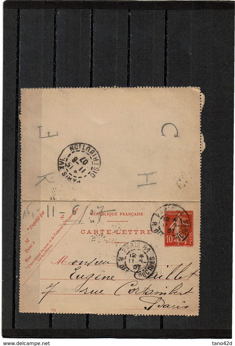 EP - CL SEMEUSE CAMEE 10c D 713 CIRCULEE 11/6/1907 - Letter Cards