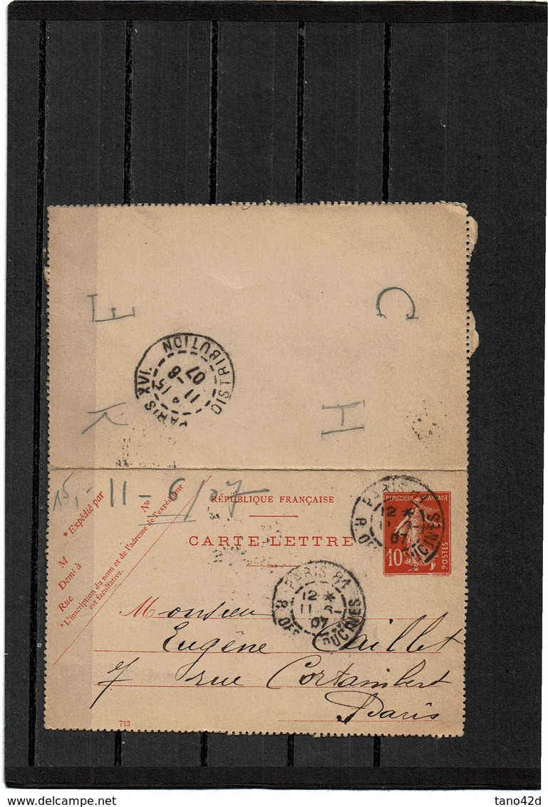 EP - CL SEMEUSE CAMEE 10c D 713 CIRCULEE 11/6/1907 - Kartenbriefe