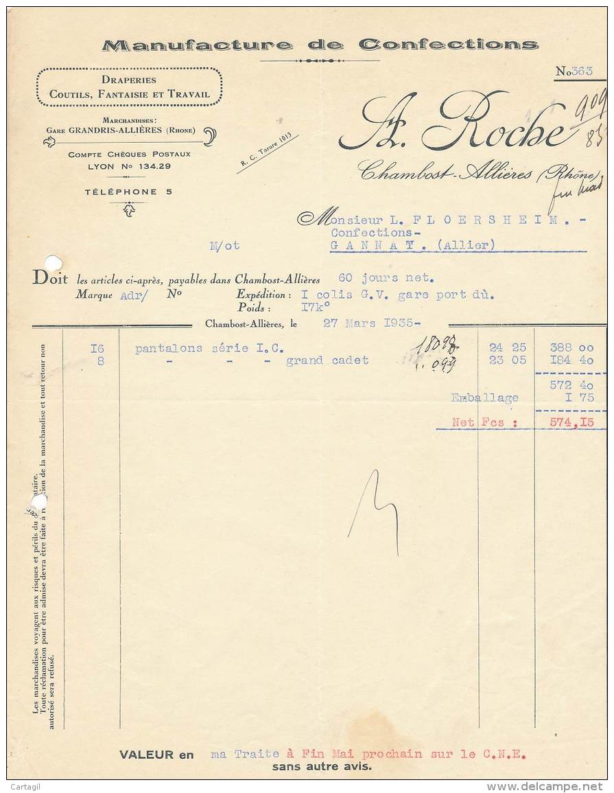 AC-B3361-Factures/Documents Commerciaux A Roche Chambost Allières ( 69) (Précisions Sté, état... Voir Scan) - Andere & Zonder Classificatie