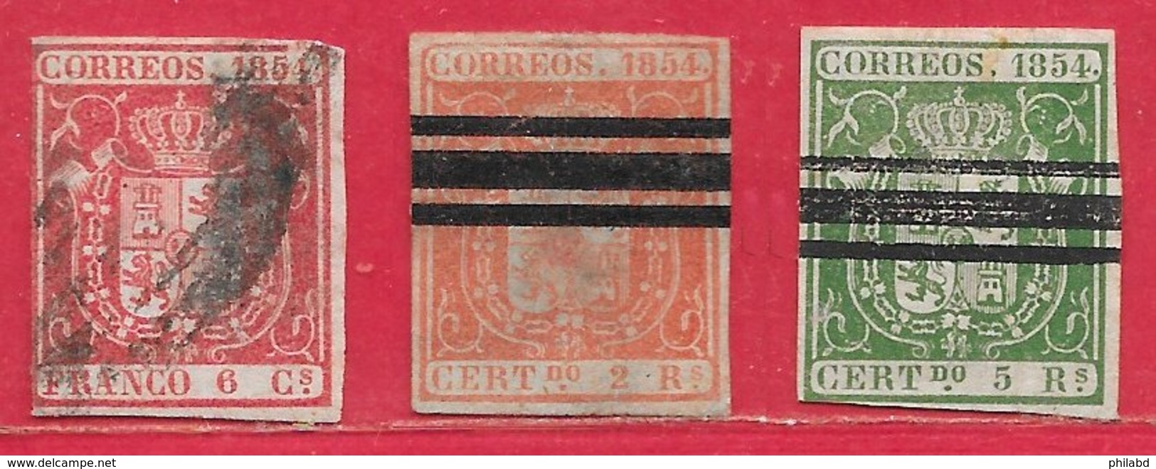 Espagne N°24 6c Carmin, N°25 2R Vermillon, N°26 5R Vert 1854 O - Oblitérés