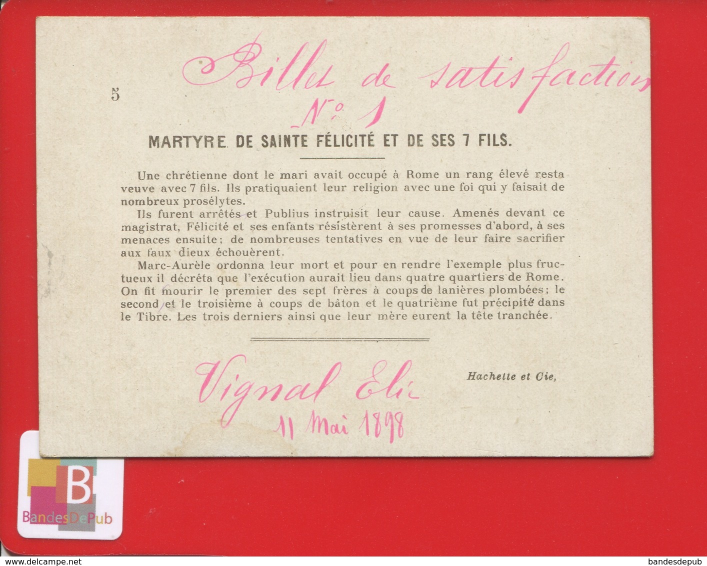 Jolie Chromo Didactique Récompense BILLET SATISFACTION  Sainte Félicité 7 Fils Tribunal Justice  Rome - Otros & Sin Clasificación