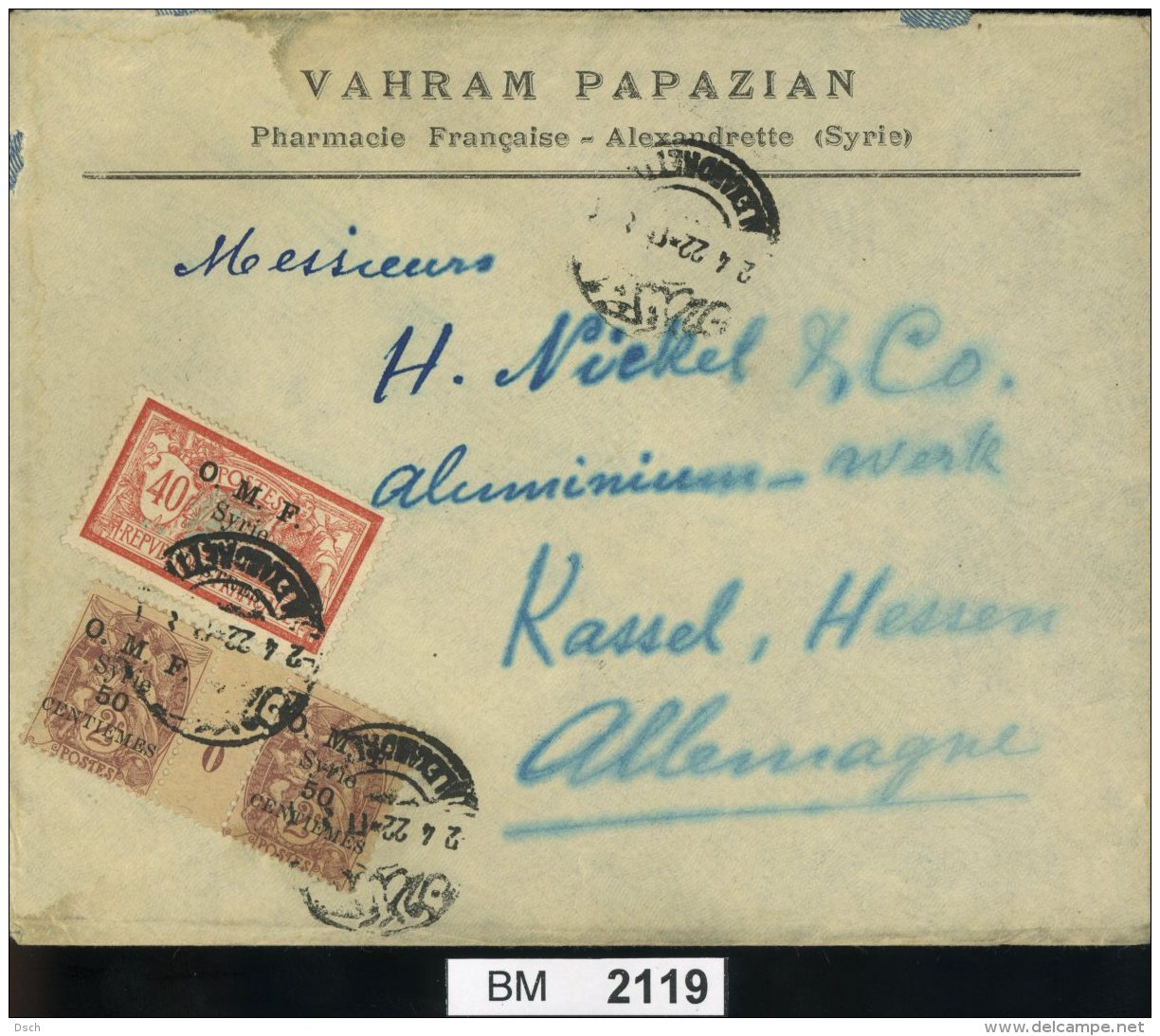 BM2119, Syrien, 1922, Alexandrette (Syrie) - Kassel, Bedarfsbrief Mit 125, 130 Paar Mit Bogenplattennummer - Syrie