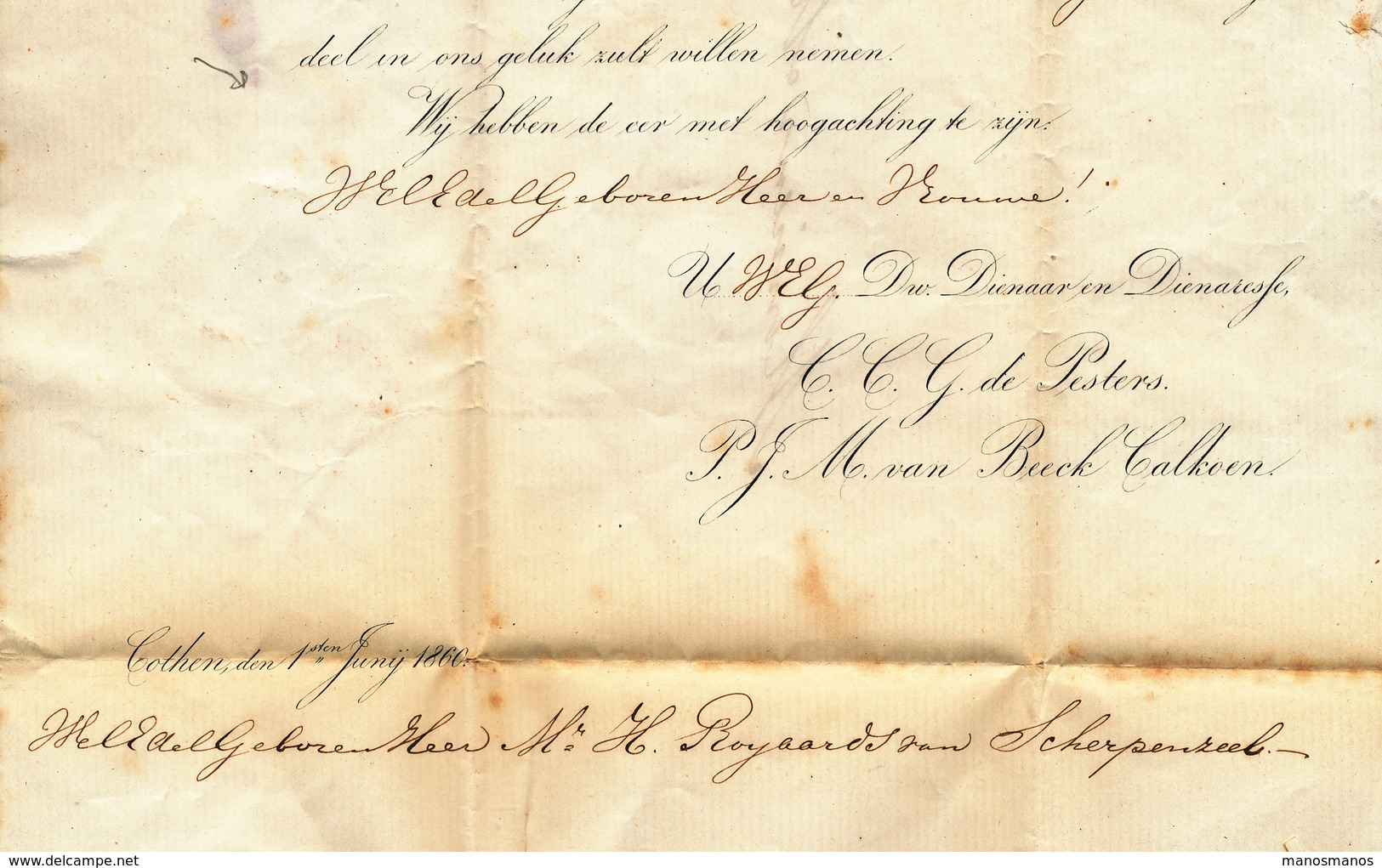 022/27 - NEDERLAND SPOORWEG  - Faire-Part Nobless De COTHEN Via Griffe DOORN Via Halte DRIEBERGEN 1860 Vers SCHERPENZEEL - Lettres & Documents
