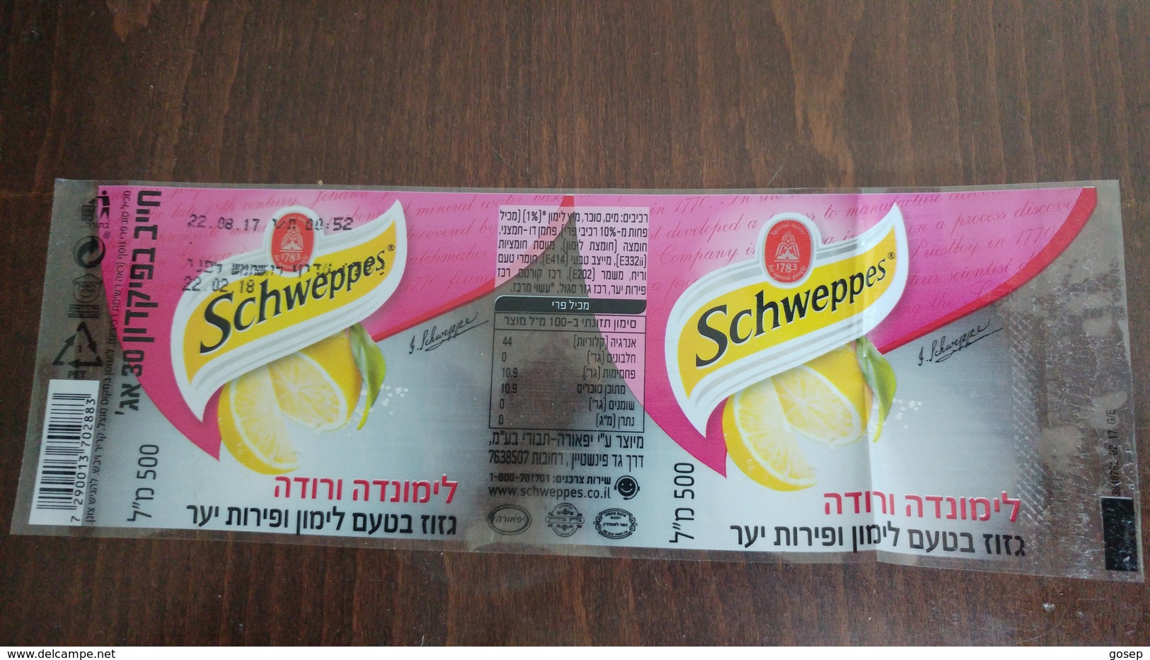 Israel-schweppes Labels-lemonade Pink-trimmed With Lemon Flavored And Forest Fruits-(10) - Bevande