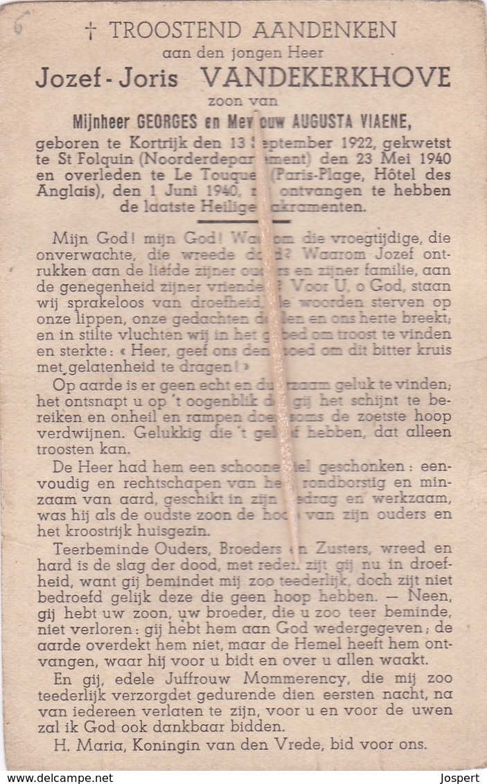 Oorlogsslachtoffer, 1940, Jozef  Vandekerkhove, Kortrijk, Saint-Folquin, Le Touquet - Images Religieuses