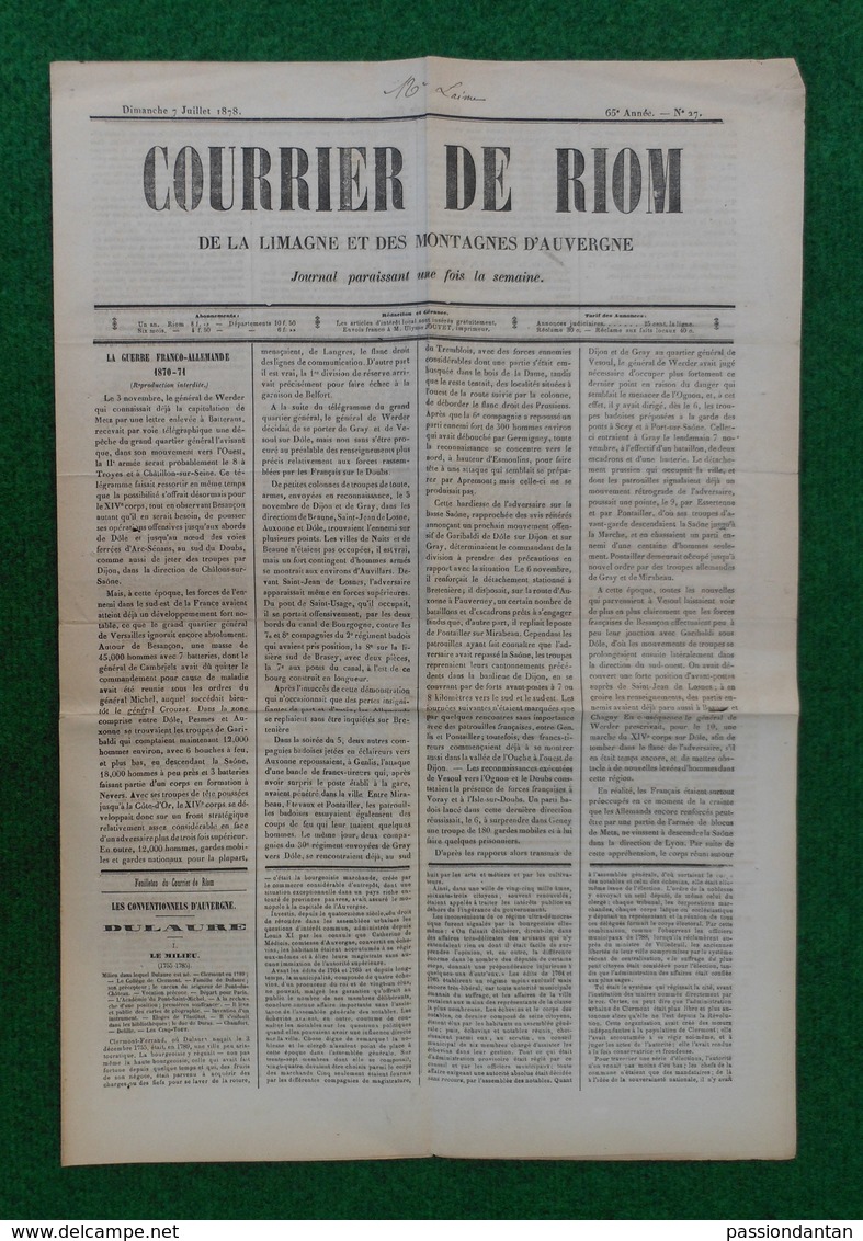 Journal Courrier De Riom De La Limagne Et Des Montagnes D'Auvergne - Édition Du Dimanche 7 Juillet 1878 - 1850 - 1899