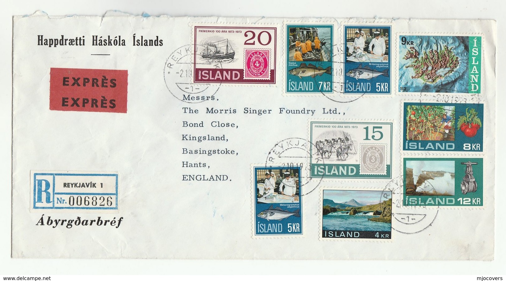 1973 EXPRESS Registered ICELAND COVER Multi STAMP ON STAMPS , Fish Horse Fruit  To Gb,  Express Label - Stamps On Stamps