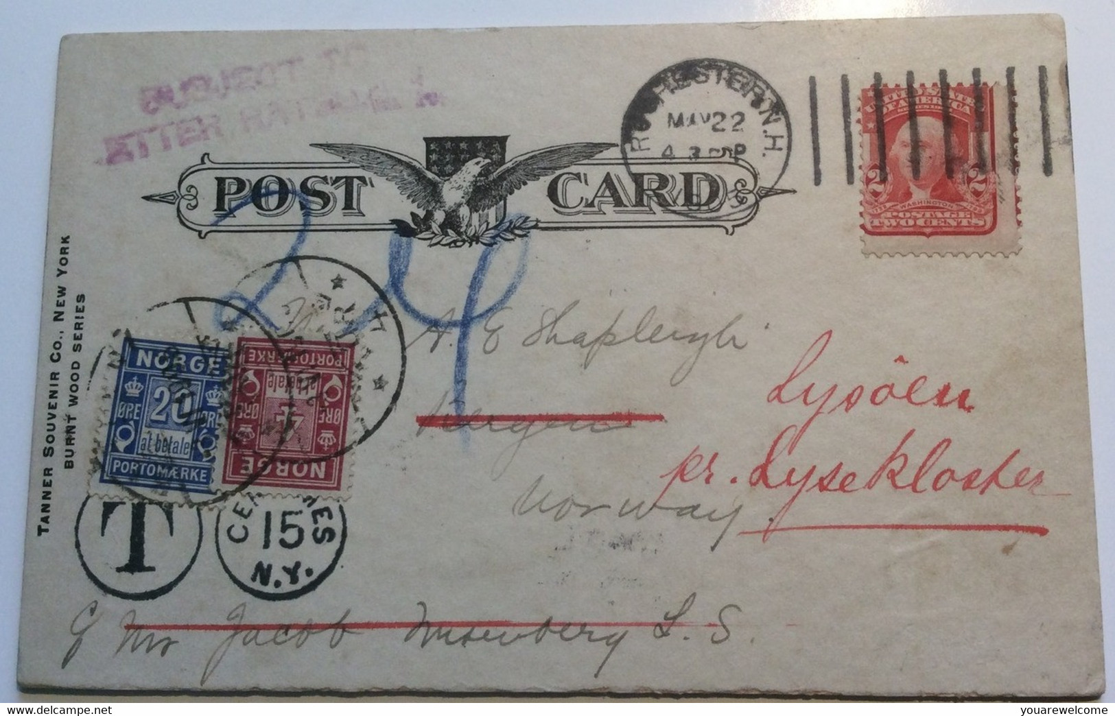 Norway Postage Due Stamps 1905 Wood Ppc „SUBJECT TO LETTER RATES“  From USA ROCHESTER N.H  (cover Machine Cancel UPU - Cartas & Documentos