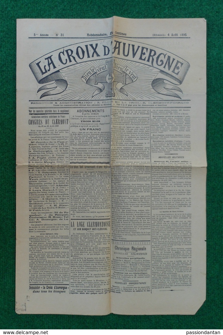 Journal La Croix D'Auvergne - Édition Du Dimanche 4 Août 1895 - 1850 - 1899