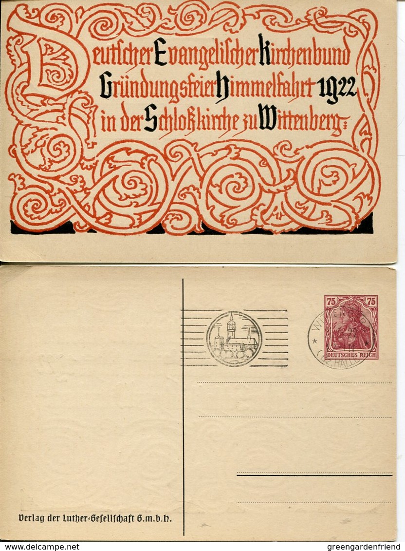 36526 Germany Reich, Stationery Card 75pf.1922 Postmark Wittenberg Luther Evangelic Kirchenbund 1922 - Cristianesimo