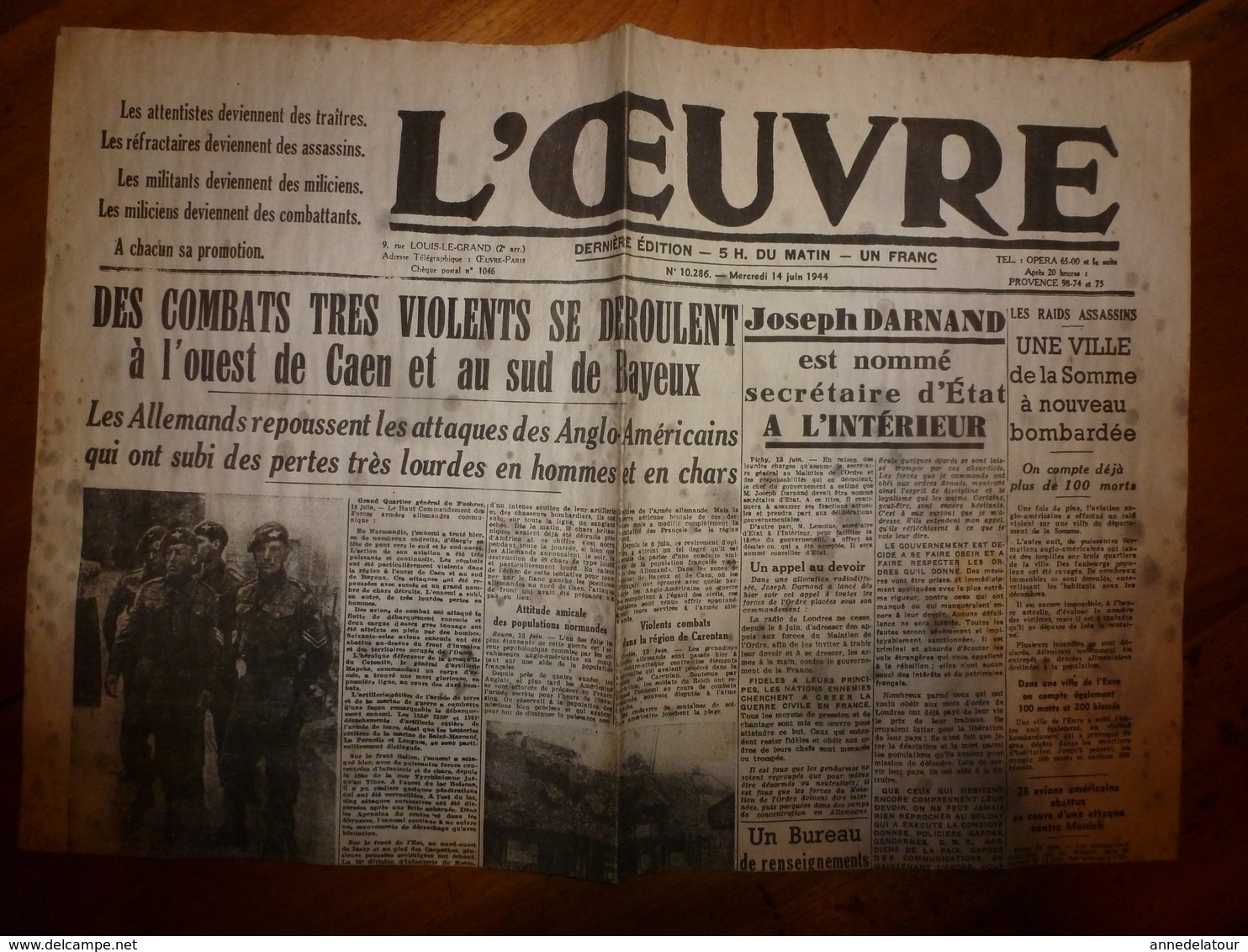 14 Juin 1944 :rare Journal Double "non Coupé" Après Impression----->  2 éditions L' ŒUVRE Et L'ECHO - Autres & Non Classés