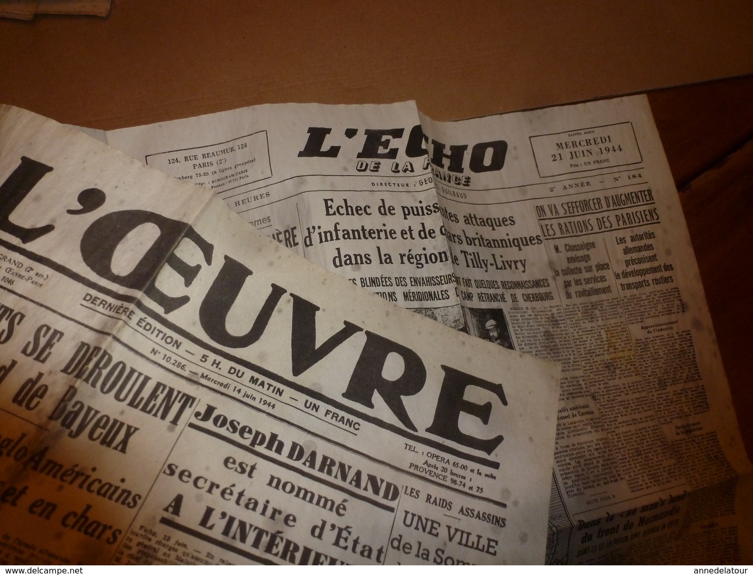 14 Juin 1944 :rare Journal Double "non Coupé" Après Impression----->  2 éditions L' ŒUVRE Et L'ECHO - Autres & Non Classés