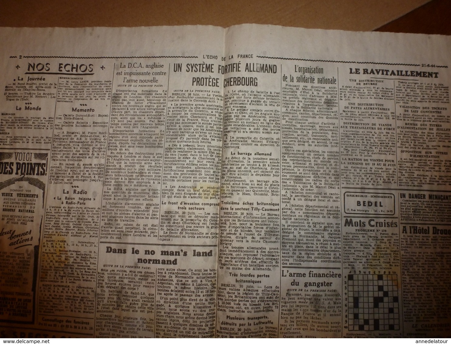 14 juin 1944 :rare journal double "non coupé" après impression----->  2 éditions L' ŒUVRE et L'ECHO