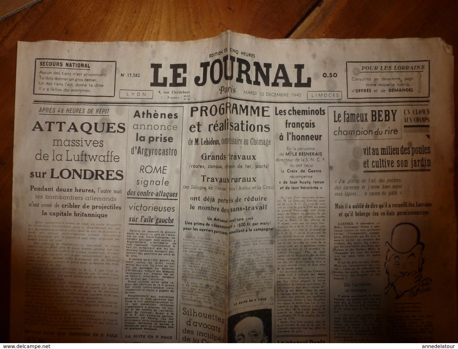 10 Décembre 1940 :rare Journal Double "non Coupé" Après Impression----->  2 éditions LE JOURNAL Et L'INDEPENDANT - Autres & Non Classés