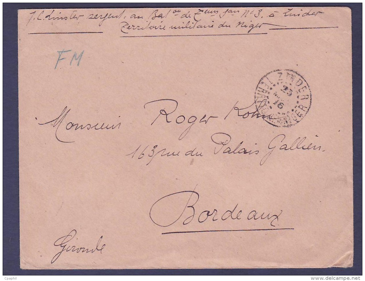 Guinee Lettre Franchise Militaire Cachet Zinder 1916 Pour Bordeaux  France - Briefe U. Dokumente