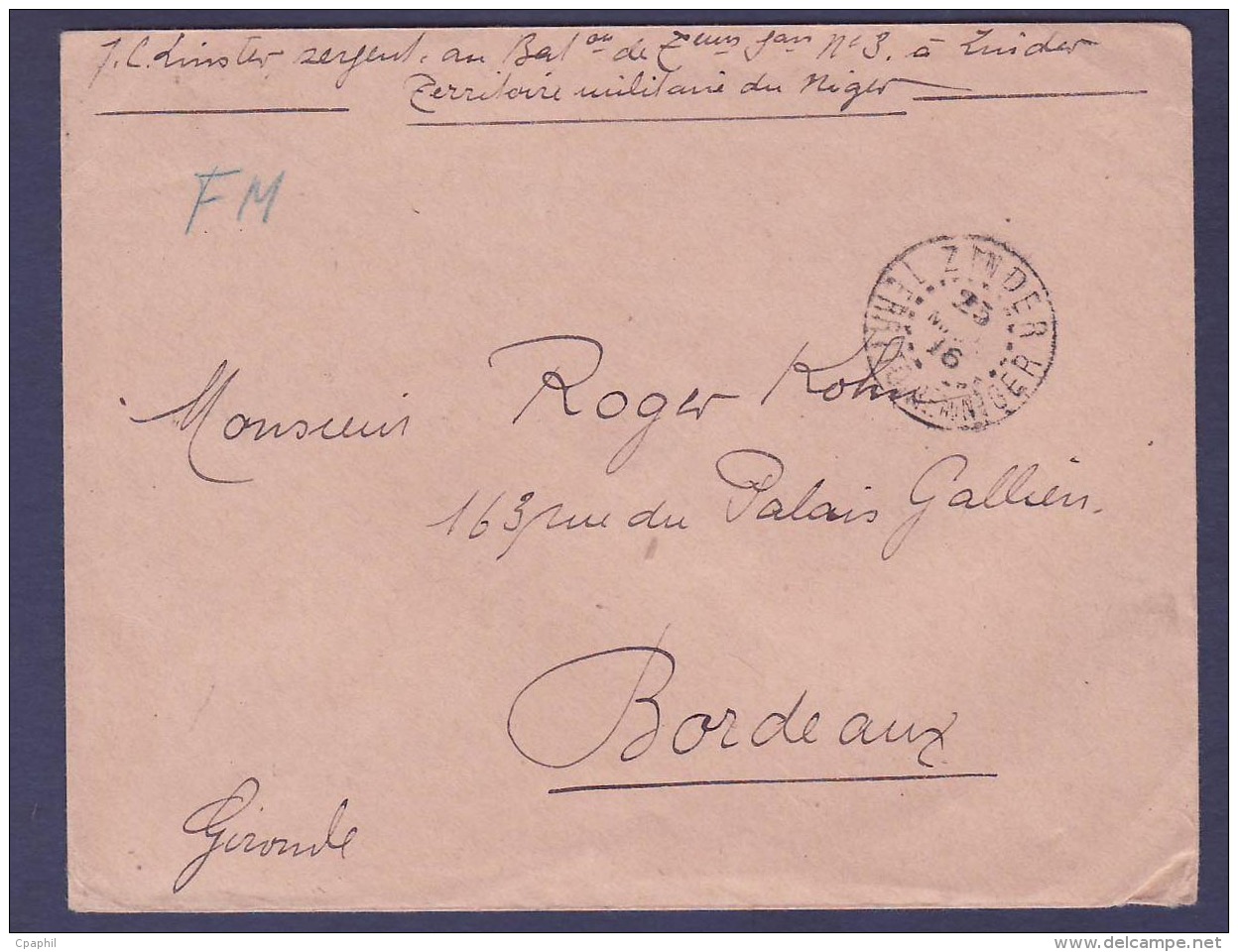 Guinee Lettre Franchise Militaire Cachet Zinder 1916 Pour Bordeaux  France - Cartas & Documentos