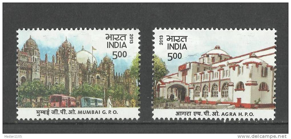 INDIA, 2013, Heritage Buildings, Mumbai GPO & Agra HPO, Set 2 V, MNH, (**) - Neufs