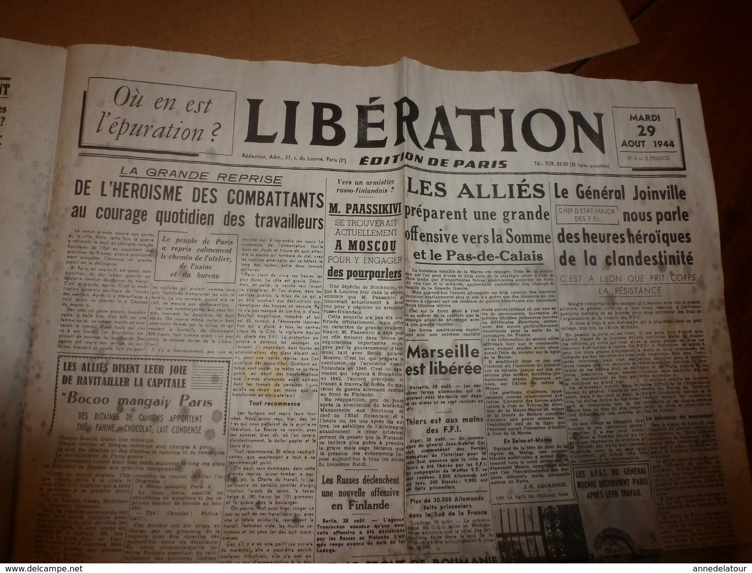 1944 :rare journal double "non coupé" après impression-->  2 éditions FRANCE-LIBRE (4 sept) et LIBERATION (29 août)