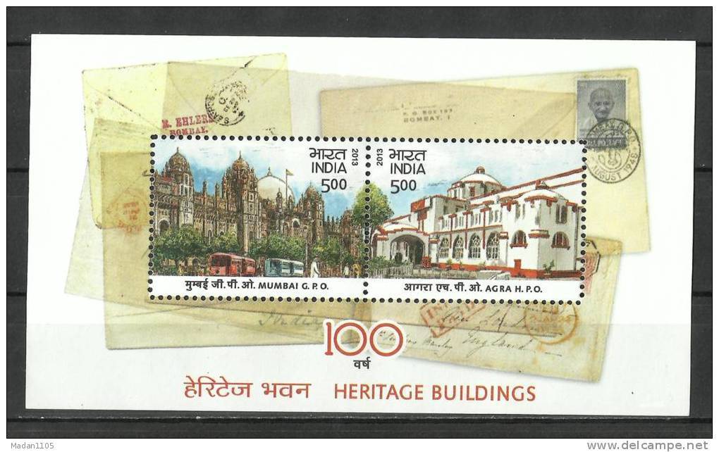 INDIA, 2013,  Heritage Buildings,100 Years Mumbai GPO & Agra HPO, Set 2 V,  Miniature Sheet, , MNH, (**) - Nuovi