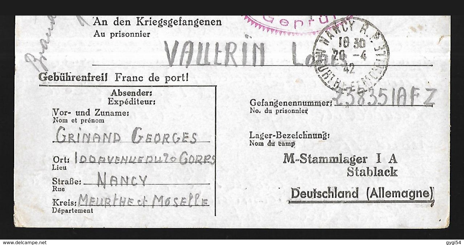 Guerre 1939 -1945 Correspondance Des Prisonniers De Guerre  Lettre Censurée Du 20  04  1942 - WW II