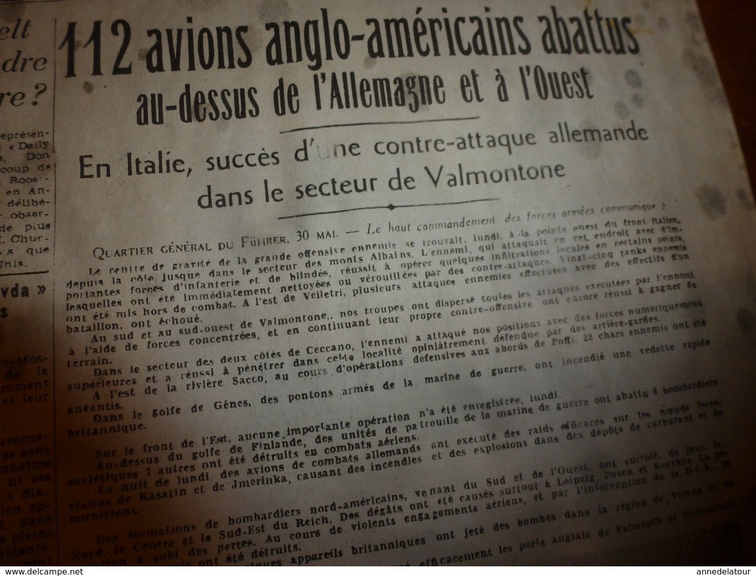 1944 :rare journal double "non coupé" après impression-->  2 éditions PARIS-SOIR (23 mai) et JOURNAL de ROUBAIX (31 mai)