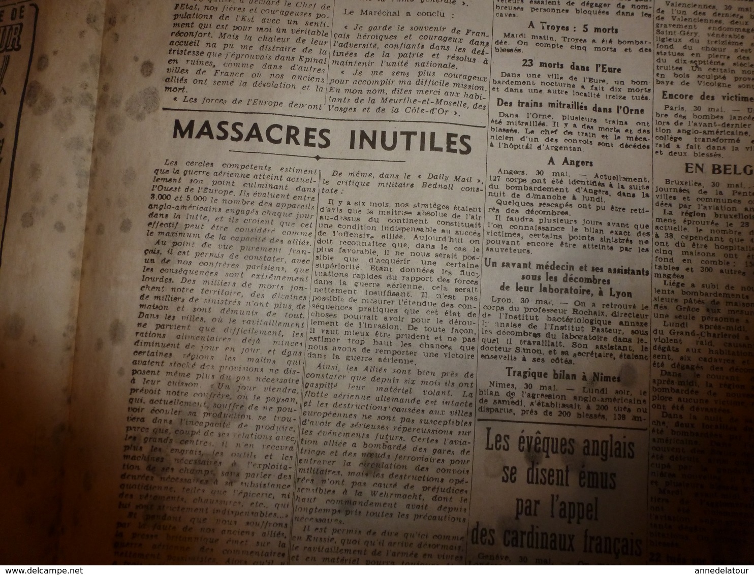 1944 :rare journal double "non coupé" après impression-->  2 éditions PARIS-SOIR (23 mai) et JOURNAL de ROUBAIX (31 mai)