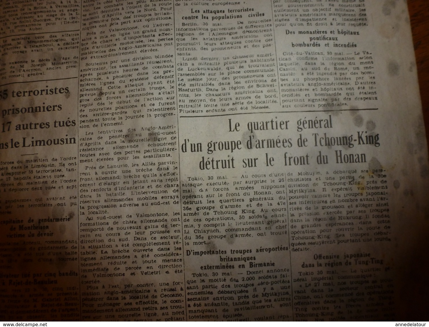 1944 :rare journal double "non coupé" après impression-->  2 éditions PARIS-SOIR (23 mai) et JOURNAL de ROUBAIX (31 mai)