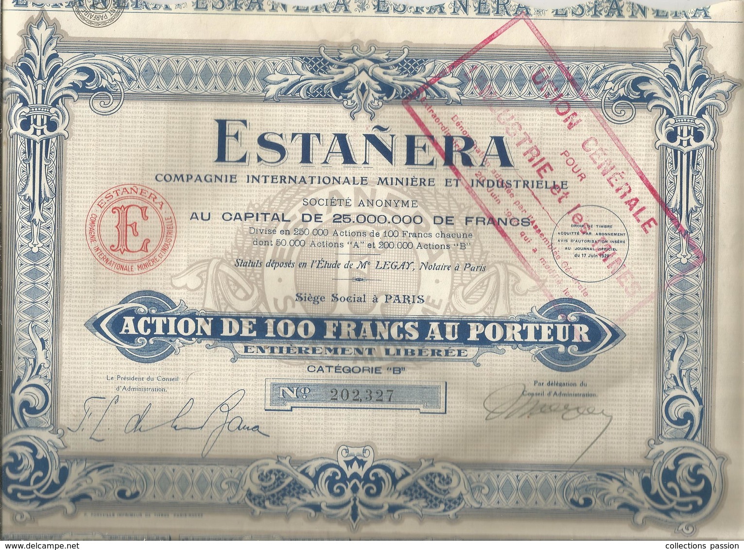 Action De 100 Francs , Catégorie B , ESTANERA , Cgnie. Intle. Minière Et Industrielle, 1928, Frais Fr 1.95 E - Autres & Non Classés