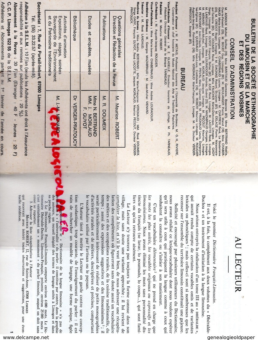 87-23-19- PARLER LIMOUSIN- PARLAR LIMOUSI-LEXIQUE FRANCAIS-LIMOUSIN-BULLETIN SOCIETE ETHNOGRAPHIQUE MAURICE ROBERT-1976 - Histoire