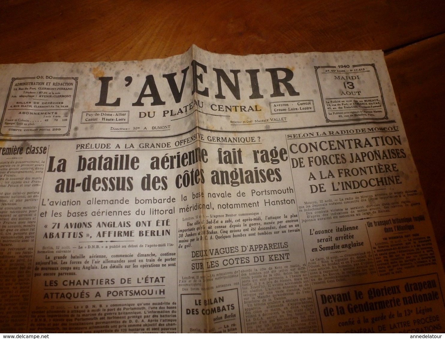 13 Août 1940:rare Journal Double "non Coupé" Après Impression--> L'AVENIR Du PLATEAU CENTRAL Et LA DEPÊCHE - Autres & Non Classés