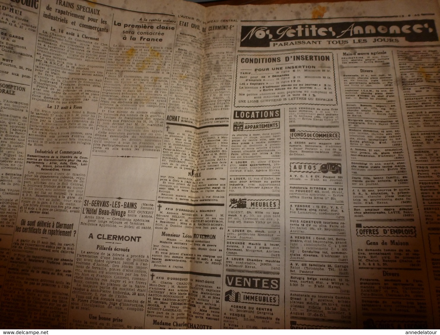 13 août 1940:rare journal double "non coupé" après impression--> L'AVENIR du PLATEAU CENTRAL et LA DEPÊCHE