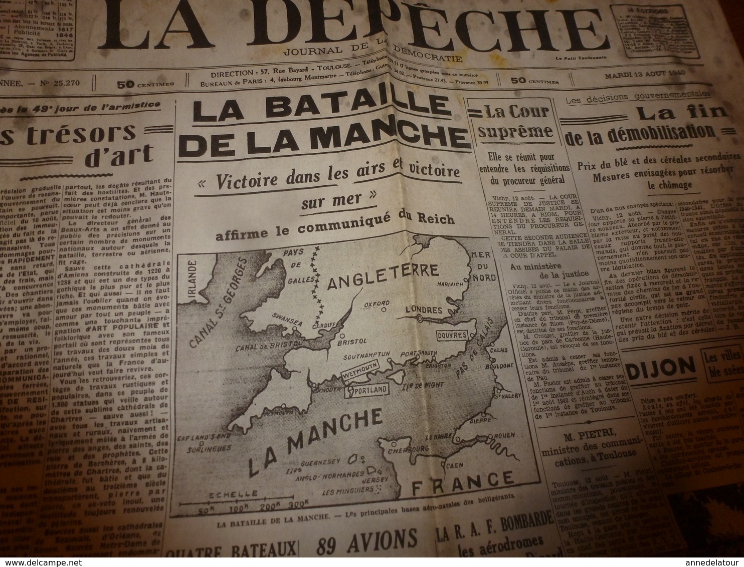 13 août 1940:rare journal double "non coupé" après impression--> L'AVENIR du PLATEAU CENTRAL et LA DEPÊCHE