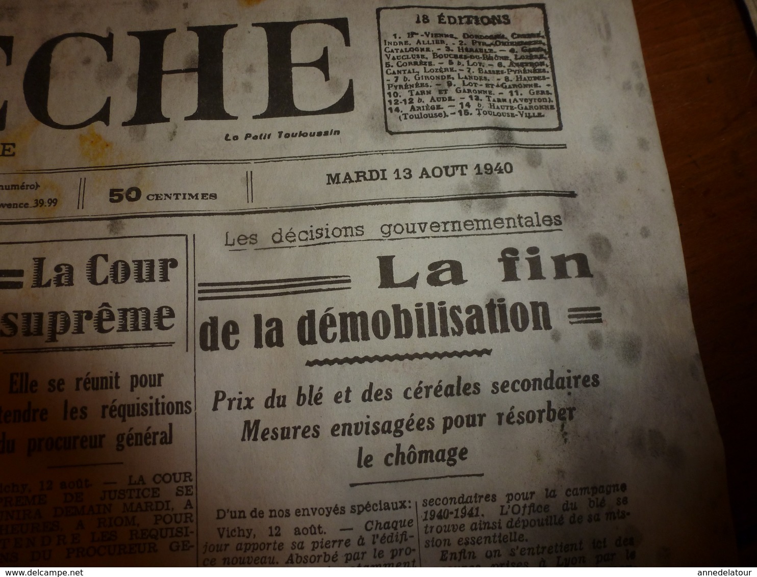 13 août 1940:rare journal double "non coupé" après impression--> L'AVENIR du PLATEAU CENTRAL et LA DEPÊCHE