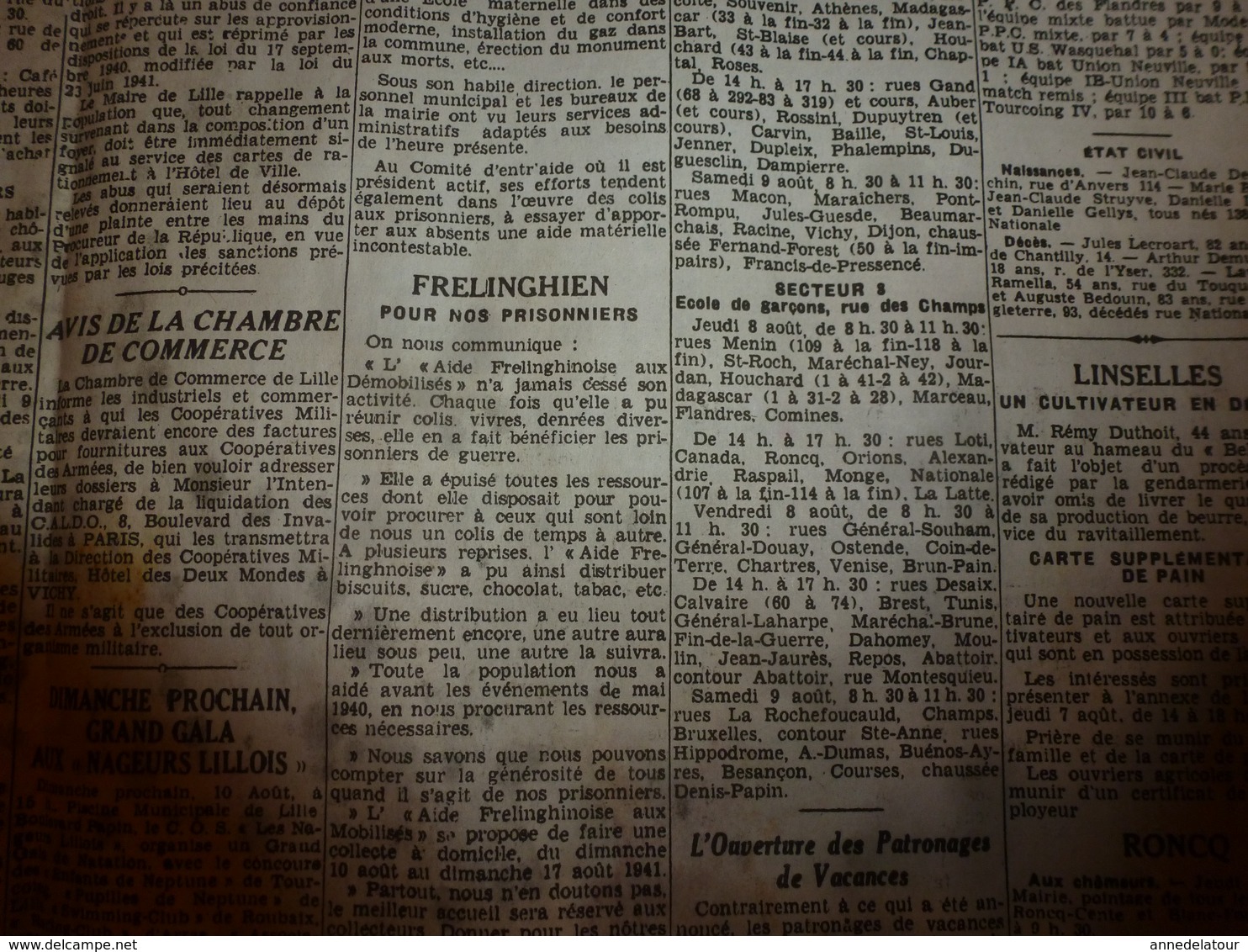 6 août 1941: journal double "non coupé" après impression--> LE RÊVEIL du NORD et L'EGALITE de Roubaix - Tourcoing