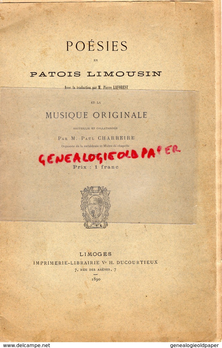 87-23-19- POESIES EN PATOIS LIMOUSIN- PIERRE LAFOREST-PAUL CHARREIRE ORGANISTE CATHEDRALE LIMOGES- 1890 - Limousin