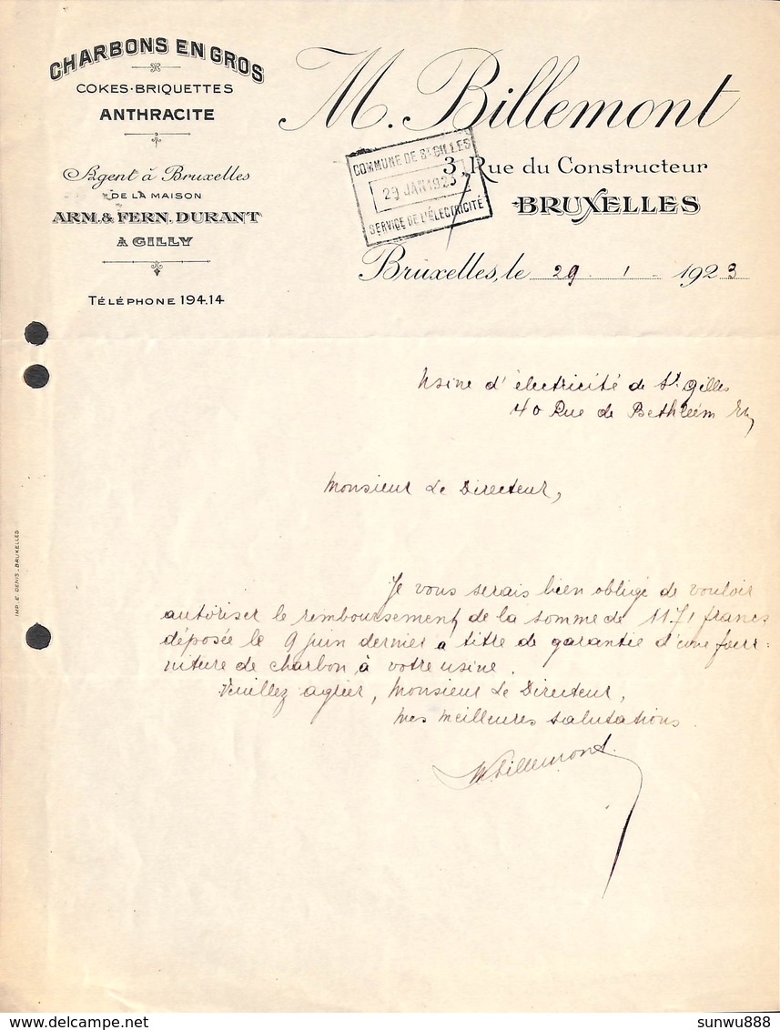 Bruxelles - Charbons En Gros, Anthracite M. Billemont (St Gilles, 1922) - 1900 – 1949